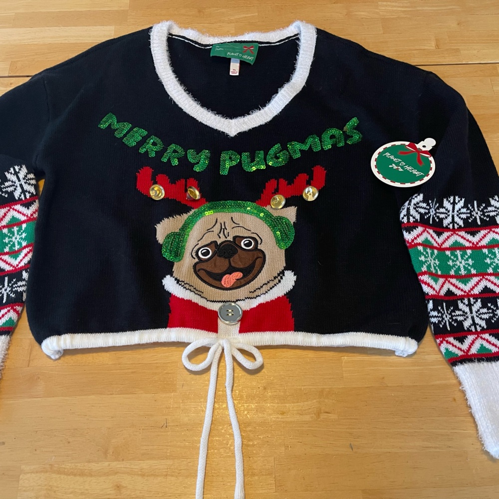 New Merry PUGMAS Christmas Sweater Juniors XL Ugly Cute Cropped Dog Lovers Bells